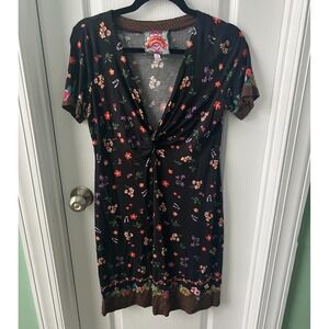 Johnny Was Tee Bee Twist Front Black Floral‎ Swing Dress Womens Size XS